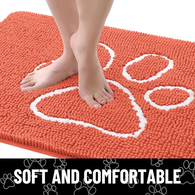Smiry Dog Door Mat for Muddy Paws, Absorbent Dirt Trapper Non Slip Quick Dry Washable Chenille Mat for Mud Dogs, Entry Rug for Indoor and Outdoor (36x24 Inches, Coral and White)