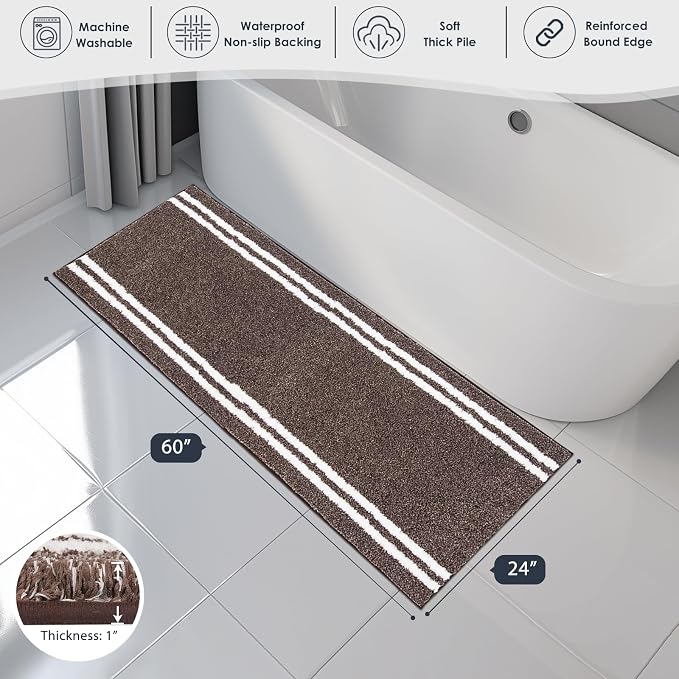 PURRUGS Bathroom Rug Non-Slip Machine Washable 24" x 60", Super Absorbent and Quick Dry Shaggy Microfiber Bath Mat, Extra Soft and Plush Bath Rug for Bathtub, Shower, and Sink, Brown