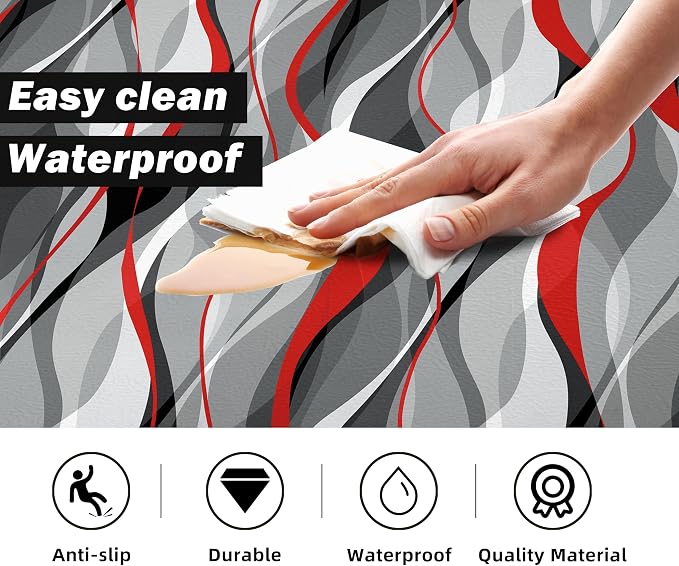 Kitchen Mats for Floor Modern Abstract kitchen rugs Grey and Red Stripe Anti Fatigue Kitchen Mats Waterproof Floor Mats Cushioned Non-Skid Standing Mats for Kitchen, Set of 2,17.3 x 28+17.3 x 47