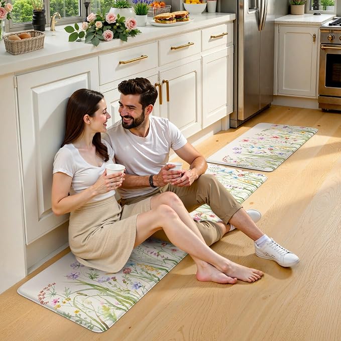 KIMODE Kitchen Mats Cushioned Anti Fatigue, Summer Farmhouse Flower Kitchen Rugs Sets of 2, Padded Kitchen Floor Mats, Non Slip Standing Mats for Sink Laundry Office Desk White 20"x59"+20"x32"