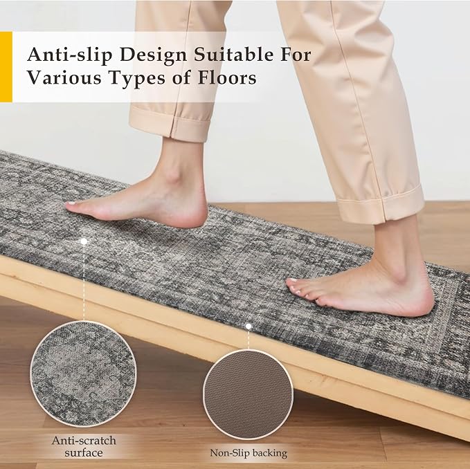 WondRgVintage Kitchen Mats for Floor Anti Fatigue Waterproof Kitchen Rugs Sets of 2 Black Grey Cushioned Non-Slip Kitchen Mats Comfort Standing Mat for Sink Laundry Office 17.3"×47"+17.3"×30"