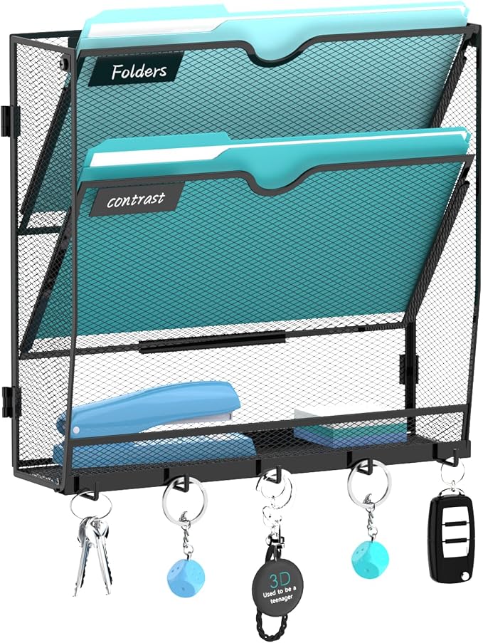 Wall File Organizer - Hanging File Organizer with 5 Hooks, Mail Holder Wall Mounted for Papers, Folders, Magazines, Bills, 3 Tier Office&School Organization, Black