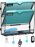 Wall File Organizer - Hanging File Organizer with 5 Hooks, Mail Holder Wall Mounted for Papers, Folders, Magazines, Bills, 3 Tier Office&School Organization, Black