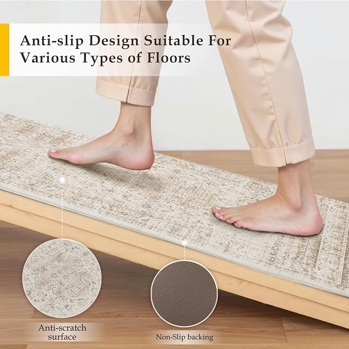 Vintage Kitchen Mats for Floor Anti Fatigue Waterproof Kitchen Rugs Sets of 2 Beige Cushioned Non-Slip Kitchen Mats Comfort Standing Mat for Sink Laundry Office 17.3"×47"+17.3"×30"