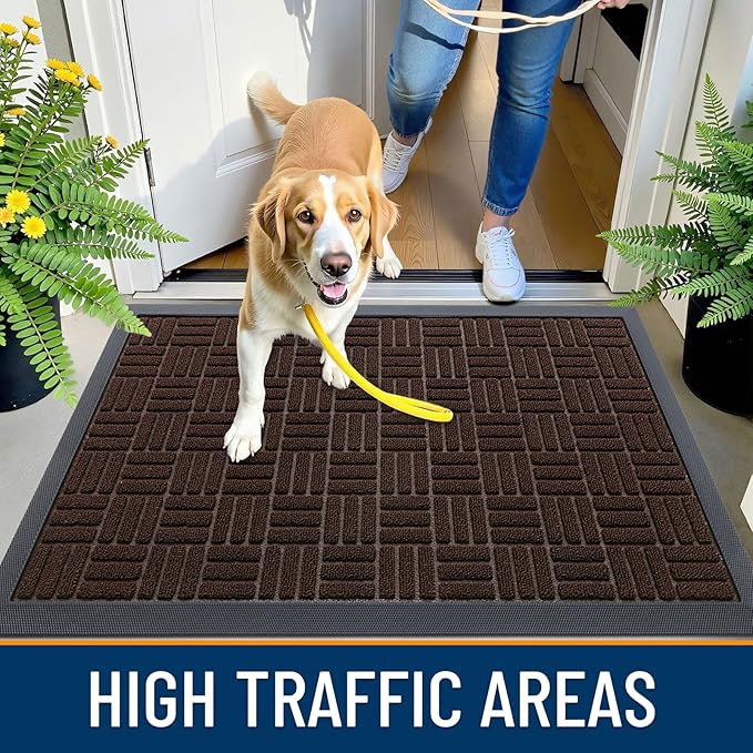 OLANLY Front Door Mat Outside Entrance 59x34, Absorbent, Heavy Duty Sturdy Natural Rubber Doormat Indoor Outdoor, Stain and Fade Resistant, Non-Slip Backing Low Profile Floor Mat for Entryway, Brown