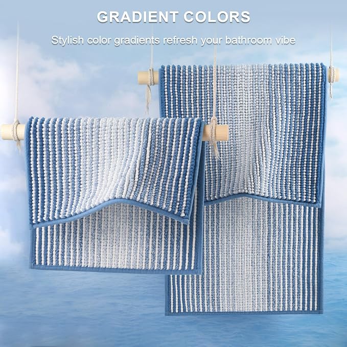 BSICPRO Bathroom Rugs and Mats Sets, 2 Piece Thick Absorbent Chenille Bath Mat Rug Set Non Slip, Soft Shaggy Bath Room Floor Mats for Bathroom, Machine Washable (Sky Blue, 20" x 32" Plus 16" x 24")