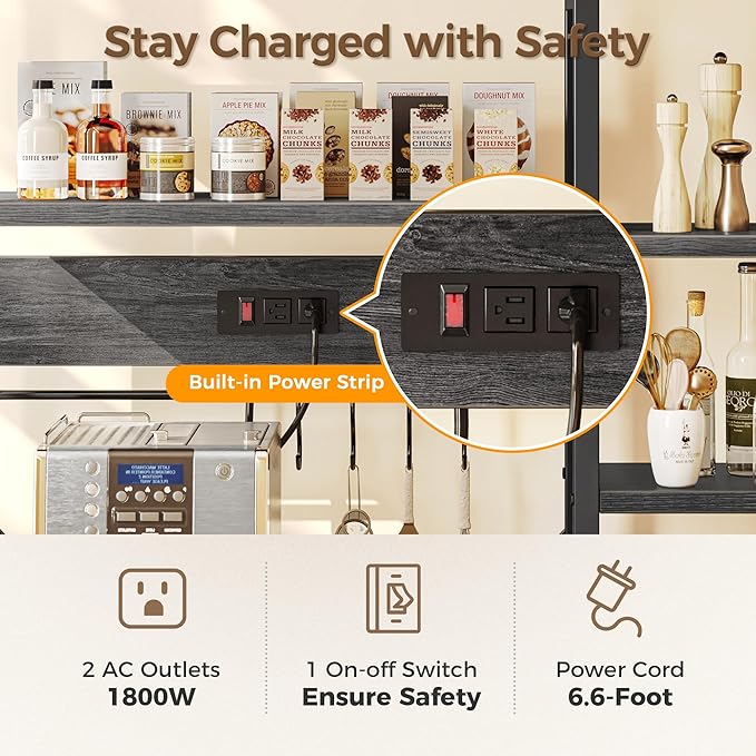 SUPERJARE Large Bakers Rack with Power Outlets, 6-Tier Microwave Stand, Coffee Bar with 12 S-Shaped Hooks, Kitchen Shelf with Wire Basket, 39.4 x 14.6 x 66.9 Inches, Charcoal Gray