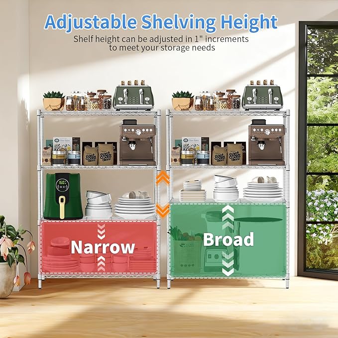 BestOffice | 4-Tier Wire Storage Shelves | 36x14x54 | Chrome | with Adjustable Racks | Heavy-Duty Metal Shelf, Holds Upto 1000 lbs | No-Tool Assembly | Ideal for Home & Garage Shelving