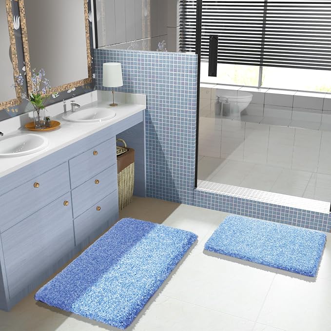 Yimobra Bathroom Rugs Non Slip Washable 36X24, Ultra Soft and Water Absorbent Bath Mats, Plush Fluffy Shower Mat Outside, Luxury Microfiber Thick Matts for Bathroom Floor/Tub, Blue and White