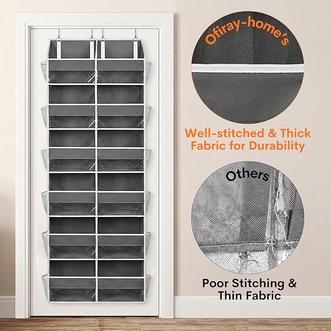 2 Pack Over The Door Organizer 6 Tiers, Extra Large Behind Door Storage of 12 Compartments, 80 lbs Weight Capacity Hanging Storage Organizer with Clear Window Kids Toys,Shoes (6 Tiers - Grey)