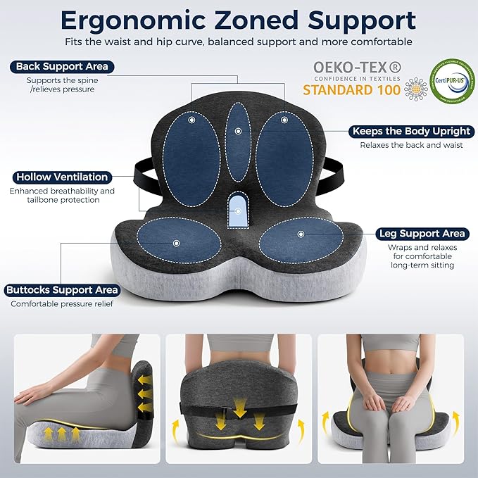 Seat Cushion, Office Chair Cushions for Tailbone Relief, Seat Cushions for Office Chair with L-Shaped Ergonomic Design & Adjustable Strap, Memory Foam Chair Cushion for Long Sitting Worker(Black Gray)