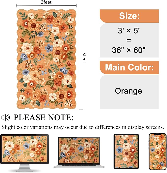DUKINO 3x5 Area Rug, Floral Non-Slip Indoor Washable Rug with Low Pile & Non-Shedding, Lightwight Boho Design Carpet for Entryway, Bedroom, Kids Room, Living Room, Kitchen, Orange