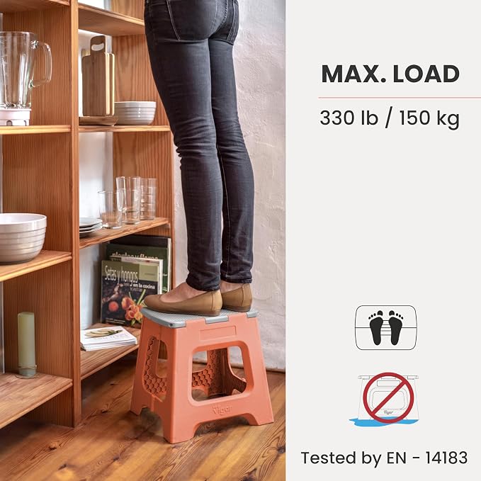 Vigar Compact Folding Step Stool - 12-1/2 Inch Foldable Step Stool for Adults, Lightweight Portable Stool with Handle, Non Slip Step Stool, Space-Saving Stool up to 330 lb - Sunrise Orange
