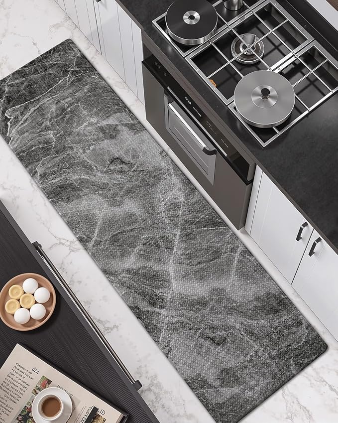 DEXI Kitchen Floor Mats Cushioned Anti Fatigue, 23x86 Large Long Standing Comfort Runner Rug Waterproof, Marble Memory Foam Padded for Front Sink Laundry, Dark Grey