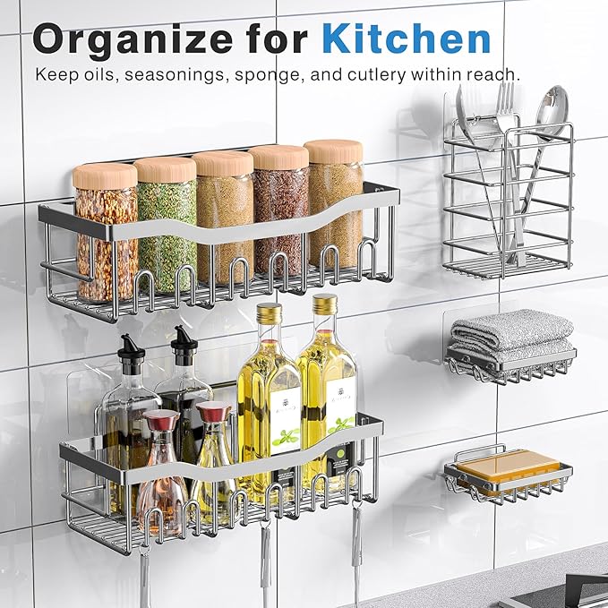 EUDELE 5-Pack Adhesive Shower Caddy Organizer, Large Capacity Rustproof Stainless Steel Shower Shelves, No Drill Bathroom Storage for Shower, Kitchen & Home Decor
