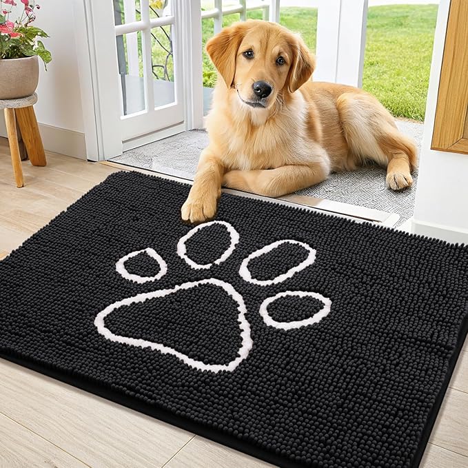 Smiry Dog Door Mat for Muddy Paws, Absorbent Dirt Trapper Non Slip Quick Dry Washable Chenille Mat for Mud Dogs, Entry Rug for Indoor and Outdoor (34x21 Inches, Black and White)