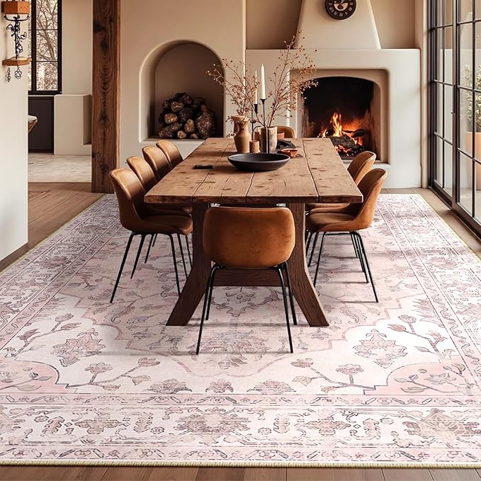 RELEANY Area Rugs Large 10'x12' Washable Non-Slip, Floral Vintage Distress Medallion Carpet for Living Room Bedroom Dining Room, Pink Greypink Cute