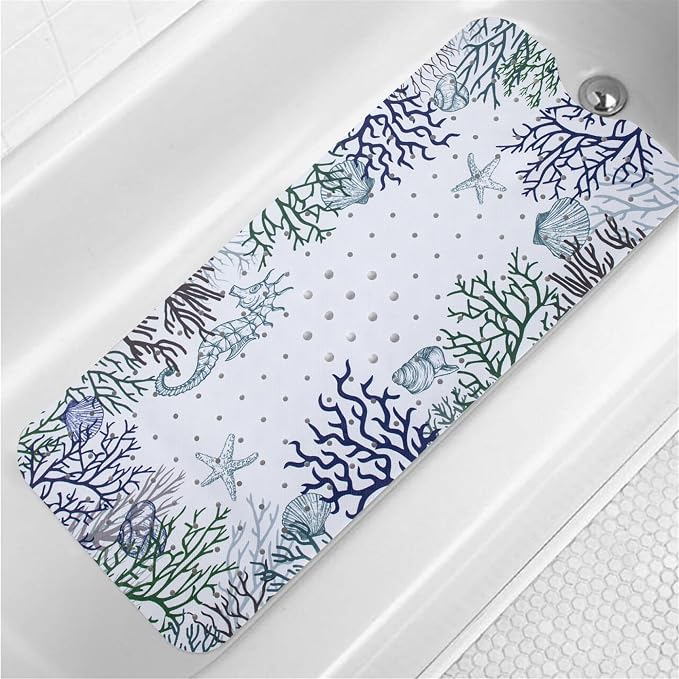 Bathtub Mat Non Slip 40x16 Inch Extra Long Bath Mat, Sea Animals Shower Mat Non Slip Bath Mat for Tub Anti Slip with Large Drain Holes and Suction Cups, Ocean Design Bathroom Mat for Bathroom Decor ﻿