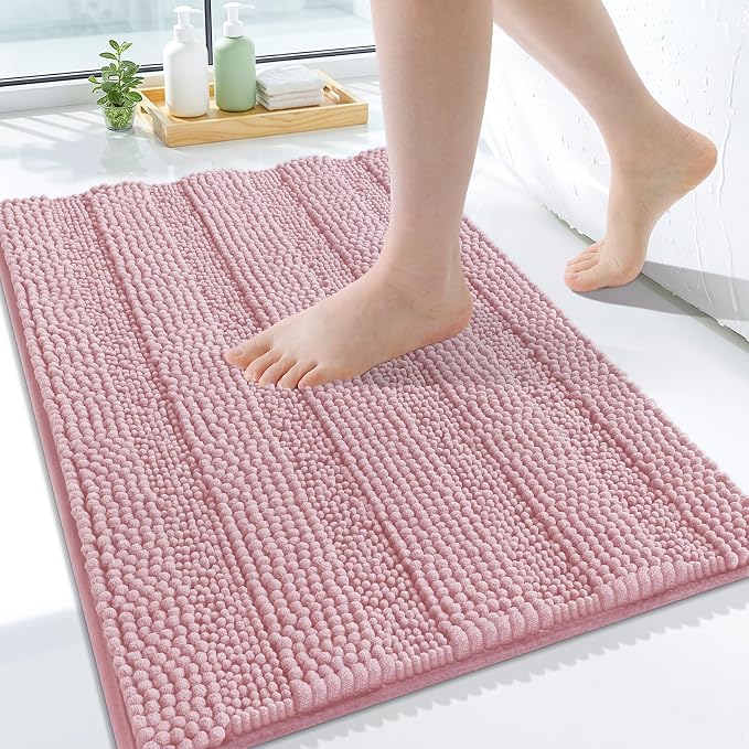 Grandaily Chenille Striped Bathroom Rugs 24x16, Extra Thick and Soft Absorbent Bath Mats, Rubber Backing, Plush Shaggy Shower Carpet, Machine Wash Dry, Bath Rug for Bathroom, Dusty Rose