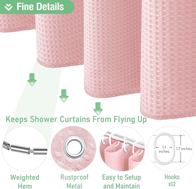 Dynamene Extra Long Shower Curtain - 84 Inch Long Waffle Weave Heavy Duty Fabric Bathroom Shower Curtain, Neutral Weighted Hotel Thick Bath Curtain Set with 12 Plastic Hooks,72x84, Pink