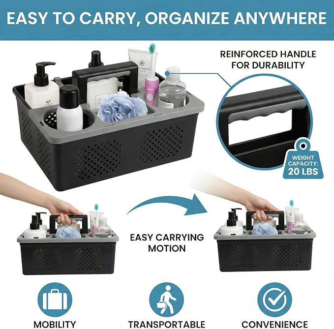 KMV Dorm Room Portable Shower Caddy with Adjustable Compartments - Ventilated Drainage Design with Handles, Perfect Toiletries Organizer for College Dorms-black