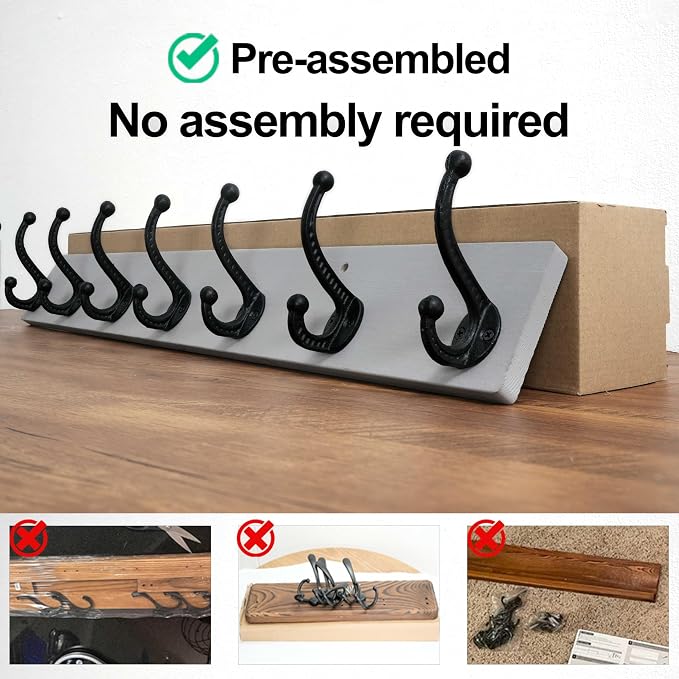 WEBI Rustic Coat Rack Wall Mount,30" Long 7 Cast Iron Coat Hooks Wall Mounted,Heavy Duty Wood Wall Coat Hanger Hooks for Hanging Coats,Jacket,Clothes,Backpack,Farmhouse,Gray