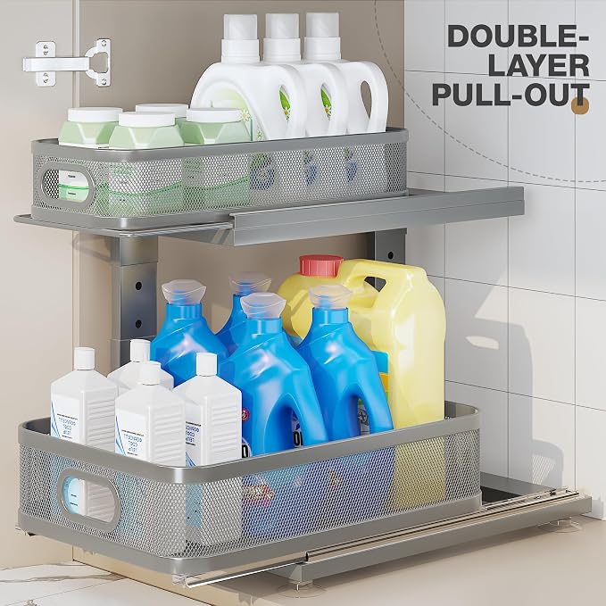 1 Pack Under Sink Organizer With Next-Gen Ball-Bearing Slides,2-Tier Precision Mesh Pull Out Cabinet Storage for Bathroom&Kitchen,Height Adjustable Drawers Shelf,Anti-rust-Grey