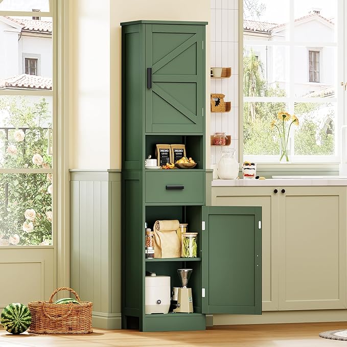 TEENFON 67" H Tall Bathroom Storage Cabinet with Barn Doors and Drawer, Narrow Bathroom Cabinet, Narrow Storage Unit, Adjustable Shelves, Floor Cabinets for Living Room, Forest Green