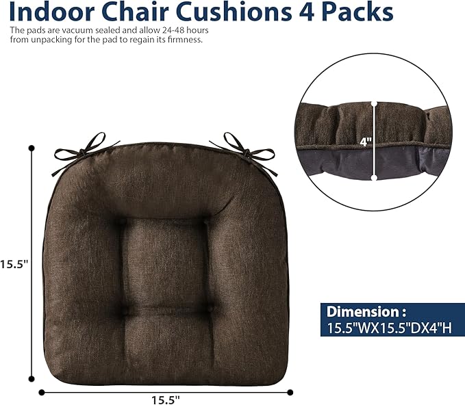 IASEAHK Chair Cushions for Dining Chairs, Seat Cushions for Kitchen Chairs, Indoor Seat Cushions with Ties, Tufted Foam Chair Pads, Non Slip Chair Cushions Set of 4, 15.5" x 15.5" x 4", Brown