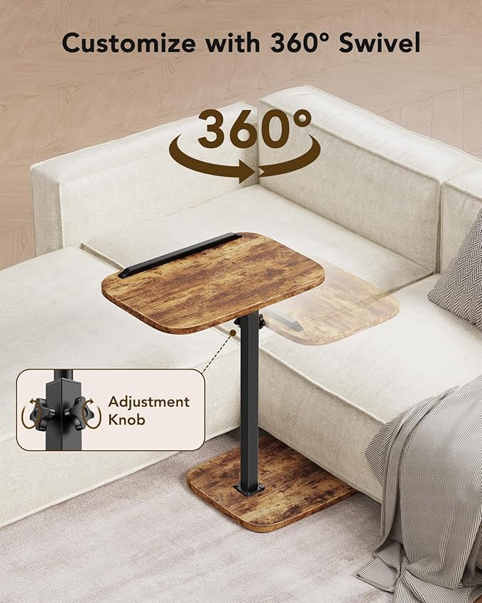 HUANUO Adjustable TV Tray, Height Adjustment TV Trays with 360° Swivel and 90° Tilt, Sturdy & Multi-Functional Sofa Table with Anti-Slip Bar, Side Table for Couch, Bedside, Dining, Living Room