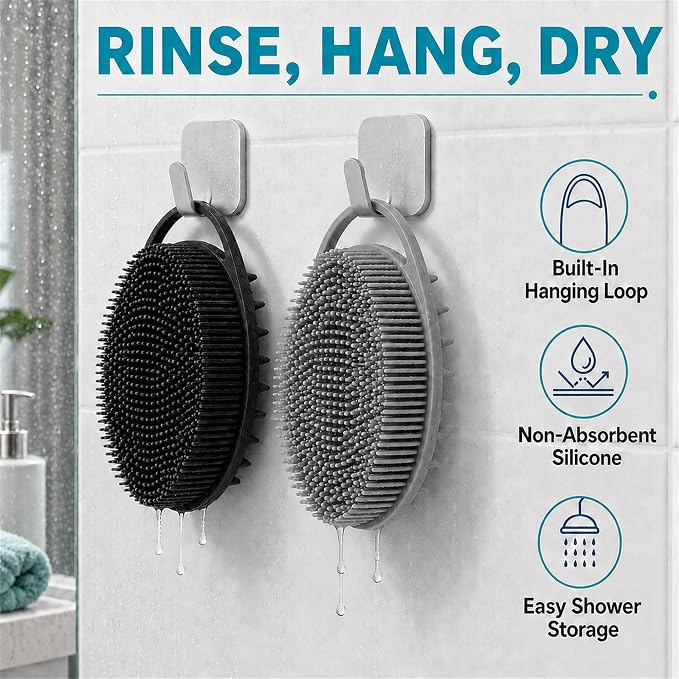 2 Pack Silicone Body Scrubber, Loofah Double-Sided Body Brush,Shower Scrubber and Scalp Massager Shampoo Brush for Sensitive Kids Women Men All Kinds of Skin (Black & Gray)