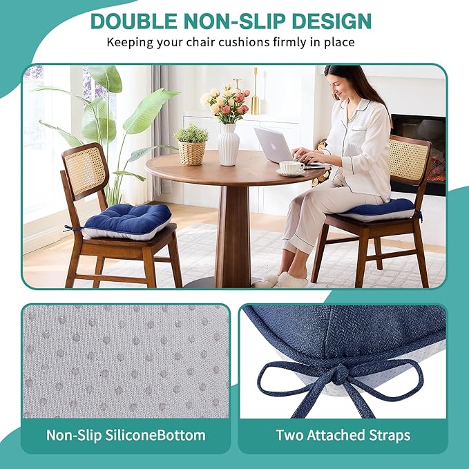 BETU Chair Cushions for Dining Chairs Set of 4,3.5" Thick Outdoor Indoor Chair Pads with Ties,Non Slip Backing and Covers, Seat Cushion for Kitchen Dining,Bar,Patio Furniture15.5"X15.5"X3.5",Navy Blue