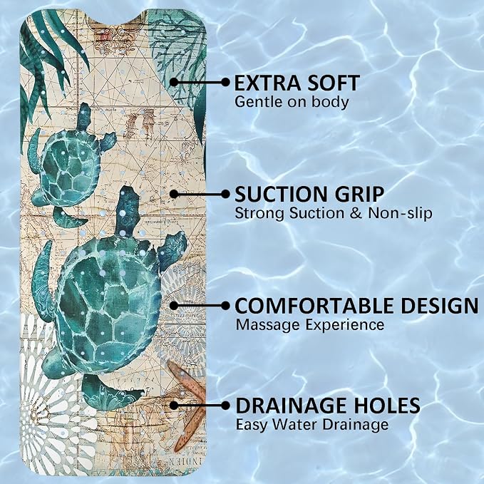 Sea Turtle Bathtub Mat Non Slip, Baby Bath Mat for Tub Rubber Tub Mat, Cute Kids Bath Mats for Bathroom Ocean Beach Anti Slip Shower Mat with Suction and Drain Holes Machine Washable, 40″X16″