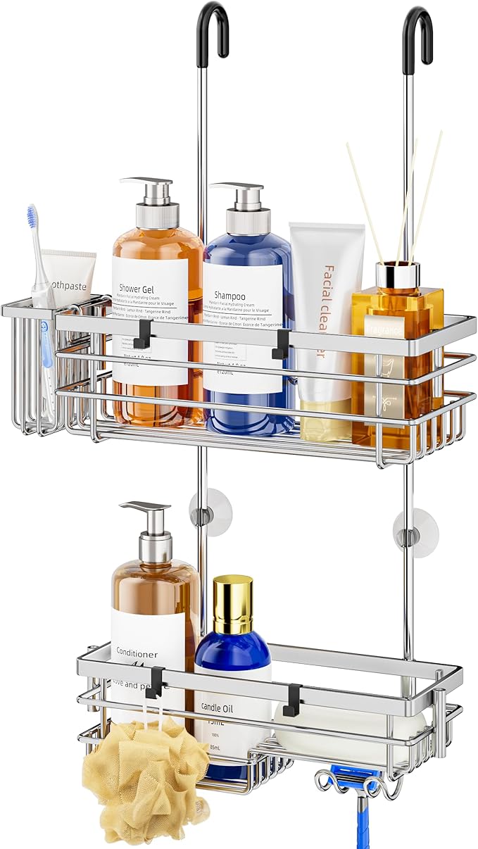 HapiRm Hanging Shower Caddy Organizer - No Drilling Shower Shelves with Hooks and Toothbrush Holder, Rustproof 304 Stainless Steel Bathroom Organizer - Silver