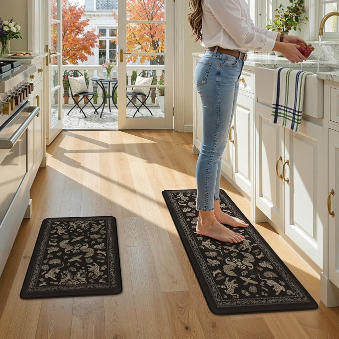 LEEVAN Cushioned Kitchen Mats for Floor 2 Piece, Anti Fatigue Mats for Kitchen Floor Non-Slip, Black Memory Foam Kitchen Mat Set, Waterproof Ergonomic Standing Mat for Bar, Office,Desk, Laundry