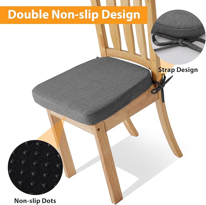 Ruqmuis Chair Cushions for Dining Chairs, 2" Thick Seat Cushions for Kitchen Chairs, D-Shaped Chair Pads with Washable Cover, Ties and Non Slip Backing, 17'' x 16'', Set of 2, Dark Grey