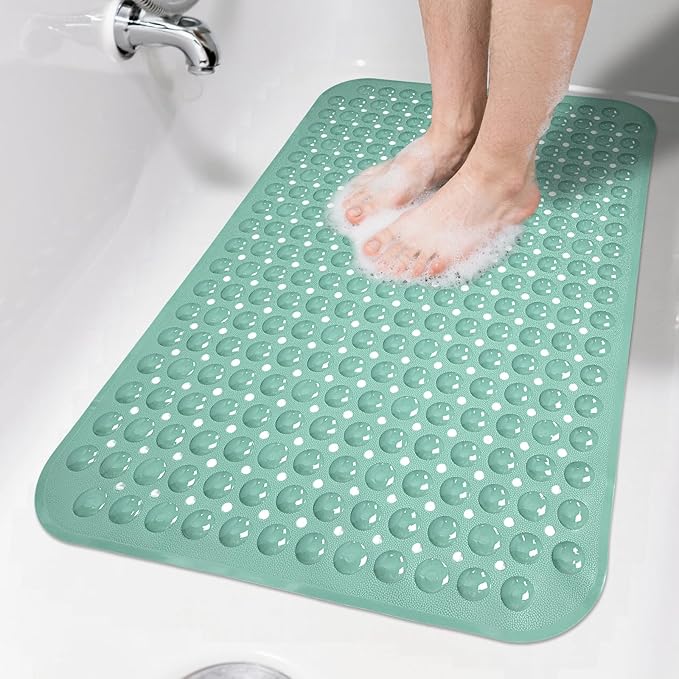 Bathtub Mat Shower Mat Non Slip 17x30 Inch Standard Size, Soft Bubble Bath Tub Mat Shower Mats for Inside Shower Bathroom Floor Mat with Big Suction Cups & Drain Holes, BPA-Free，Mars Green