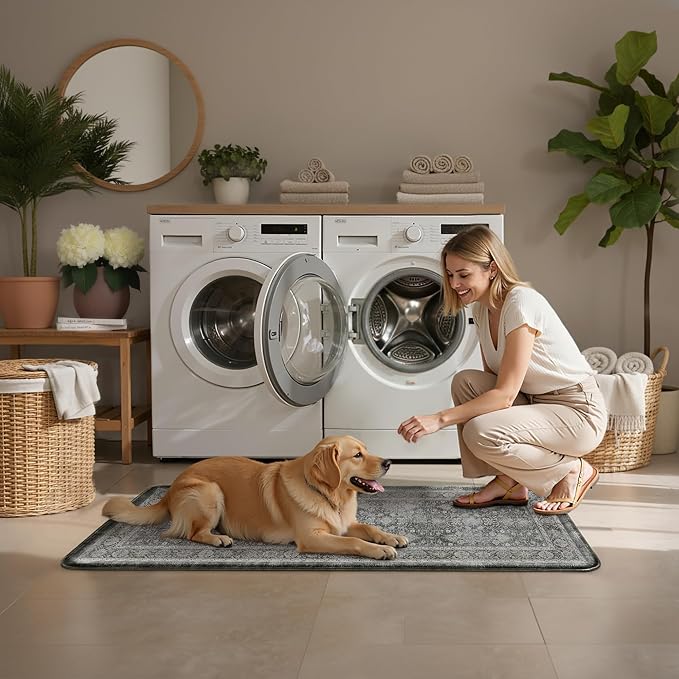 PureCozy Kitchen Mats 2PCS Anti Fatigue Cushioned Mat Black Vintage Kitchen Mats for Floor Waterproof Non Slip Comfort Standing Distressed Rug for Sink Laundry Office 17.3"x59"+17.3"x30"
