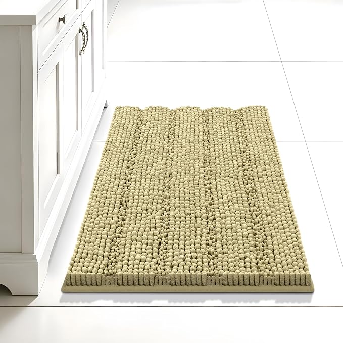 Bcoimo 24"×17" Chenille Bath Mat – Non-Slip with Backing Bath Rug Ultra-Absorbent and Machine Washable Bathroom Mat Quick-Dry Design. Ideal for Bathroom Shower and Tub Areas