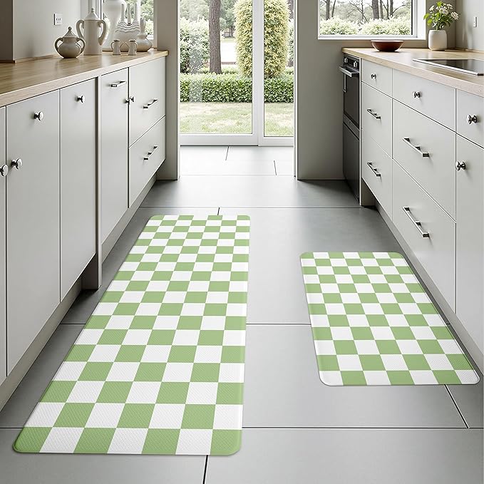 Fresh Green Checkered Grid Checkerboard Kitchen Rug Sets [2 PCs], Anti-Fatigue, Waterproof Non-Slip Kitchen Mats Heavy Duty Comfort Foam Rug for Kitchen, Floor, Laundry,17"x29"+17"x47"