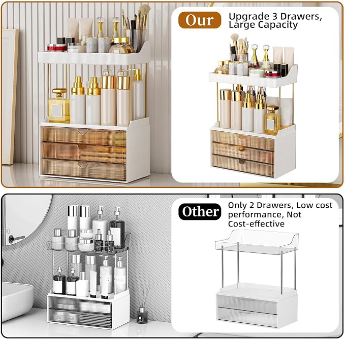 StorBin 3 Large Drawers Makeup Organizer - 5 Tier Bathroom Counter Organizers and Storage, Versatile Perfume Vanity Organizer, Ideal for Cosmetic, Large Skincare, Face Mask, Office Supplies, Amber