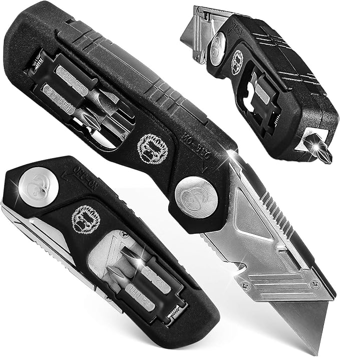 Folding Utility Knife & Box Cutter Combo with Screwdriver Bits, Wire Stripper, Quick-Change Blades, Belt Clip & Refills - Versatile Everyday Carry Tool
