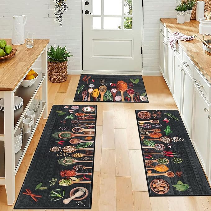 Vaukki Boho Kitchen Rug Sets 3 Pieces, Washable Kitchen Mats for Floor, Non Slip Soft Kitchen Area Rug Floor Mat for Kitchen, Laundry Room and Hallway (Spice-Black, 20''x32''+20''x47''+20''x59'')