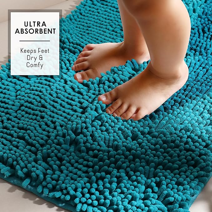 Hearth & Harbor Bathroom Rugs, Chenille Bath Mat - Machine Washable Bath Mats for Bathroom Non-Slip Backing Rubber, Quick Dry Bathroom Mat - Teal Blue 17x24-20x24