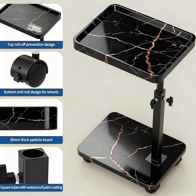 C Table End Table Adjustable Height, 360°Swivel TV Tray Table for Small Spaces, Side Tables with Wheels for Living Room and Bedroom, Bed (Black-15.7 x 11.8 inches)