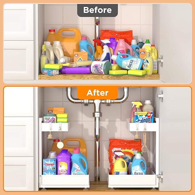 TATAANTY Under Sink Organizer 2 Pack, 2 Tier Metal Under the Sink Storage, Heavy Duty Slide out Pull out Cabinet Organizer, Height Adjustable for Kitchen Bathroom Pantry Closet Organization Rack
