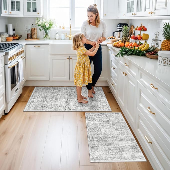 Kitchen Mats for Floor 2 Piece, Non Slip Washable Kitchen Rugs Sets for Floor, Soft Low Pile Kitchen Area Rug for Kitchen Sink Laundry Entryway (Grey Ivory, 2x3+2x4)