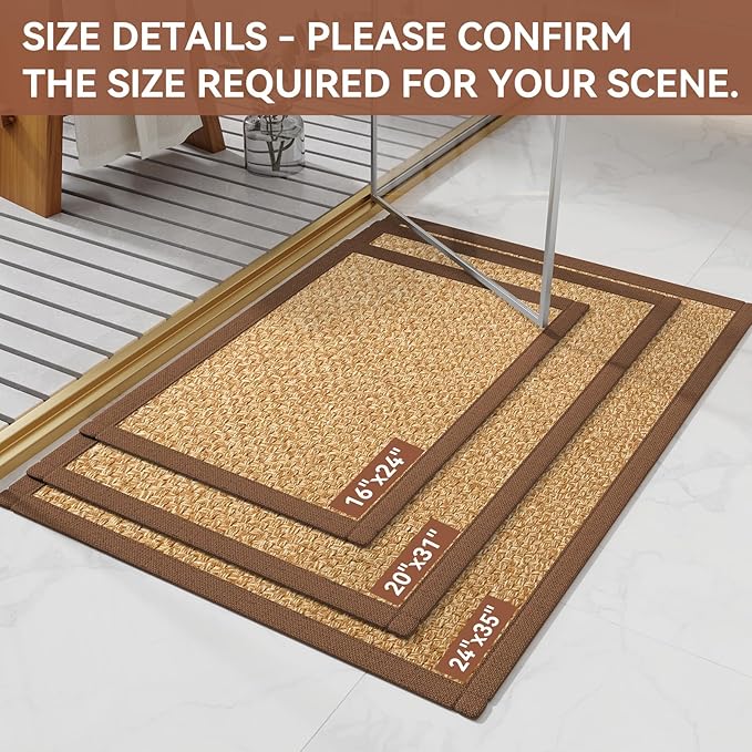 YDKGL Non Slip Bath Mat Bathroom Rugs, Soft Jute-Like Ultra Thin Bath Mats, Rubber Backing Super Absorbent Quick Dry Bath Rug Shower Mat Fit Under Door Bathroom Floor, Machine Washable, Brown 16"x24"