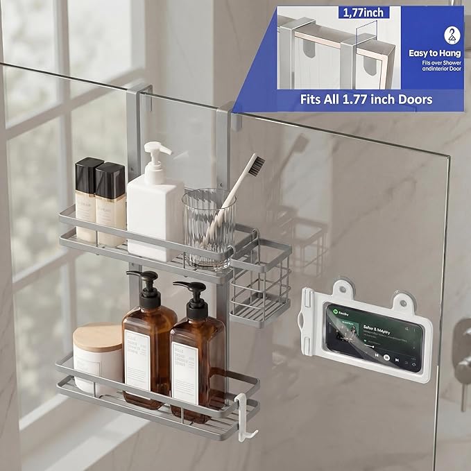 Over the Door Shower Caddy Hanging, Rustproof Shower Shelves with Waterproof Phone Pouch, 2-Tier Adjustable Bathroom Organizers and Storage, No Drilling Shampoo Soap Shelf (Silver 2-Tier)