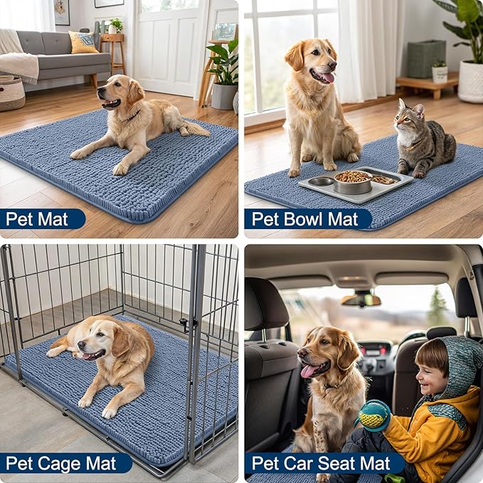 Smiry Dog Door Mat for Muddy Paws 47x20, Absorbent Dirt Trapper, Non-Slip Washable Chenille Entryway Rug for Inside Floor, Airy Blue, Classic Solid
